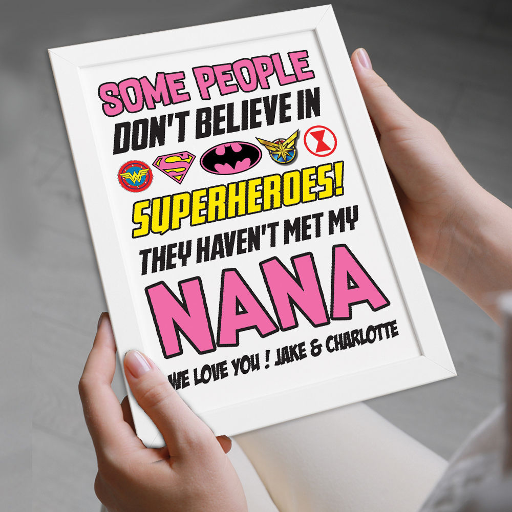 Personalised You&#39;re My Superhero Gift for Nana in white frame being held