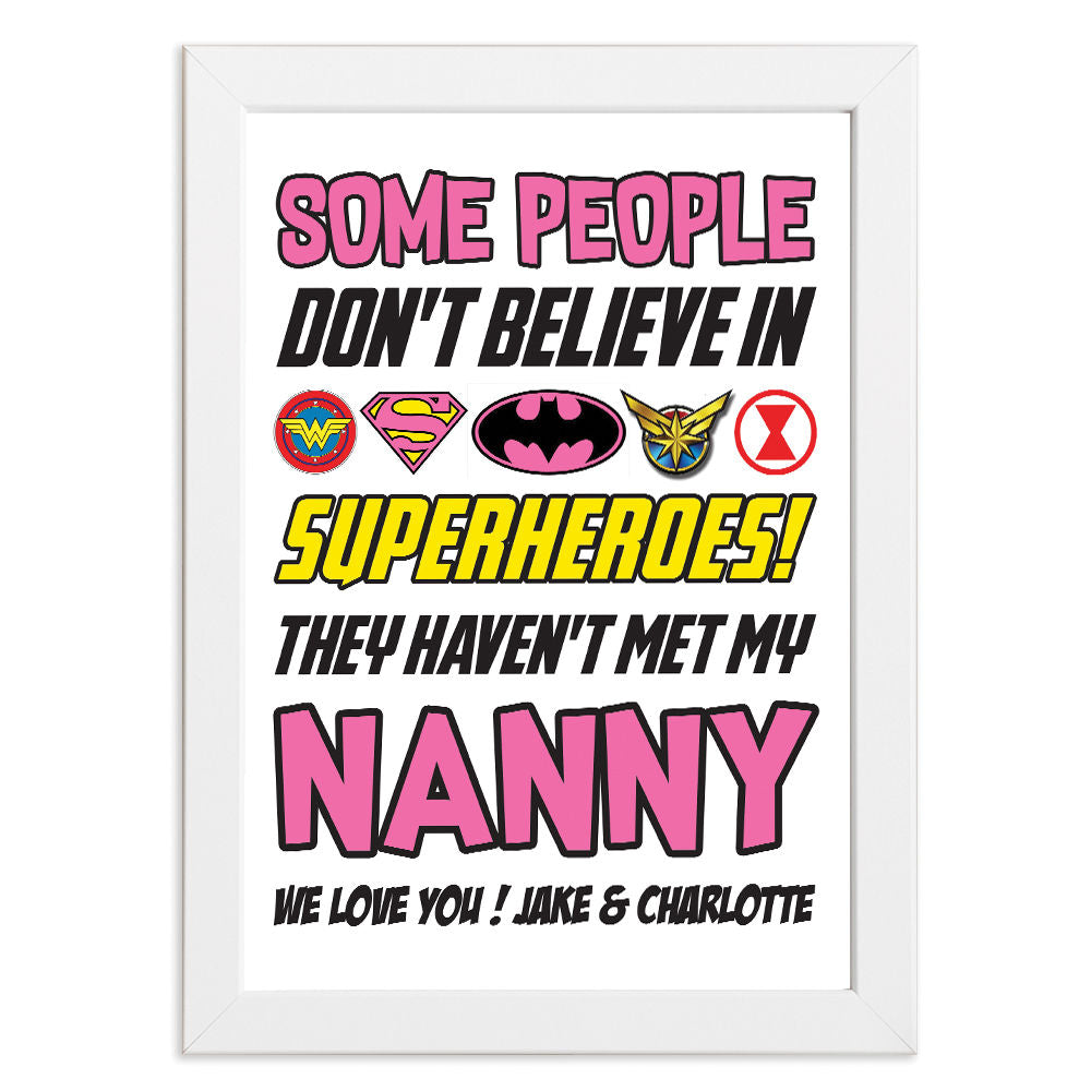 Personalised You&#39;re My Superhero Gift for Nanny in white frame with white background