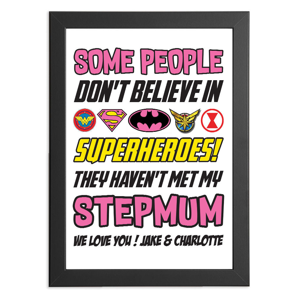 Personalised You&#39;re My Superhero Gift for Stepmum in black frame with white background