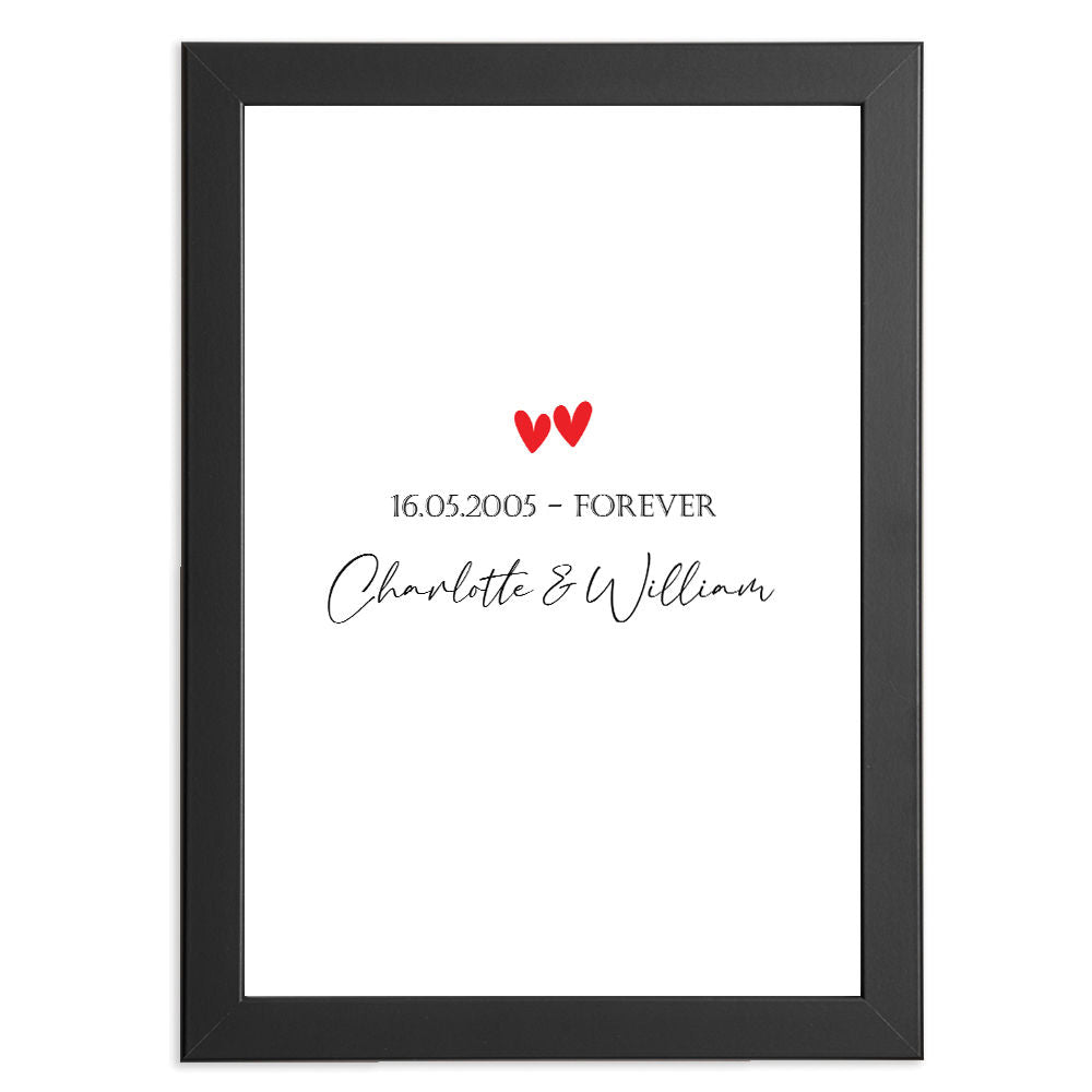 Personalised Names And Date Anniversary Romantic Gift Artwork Print in black frame with white background