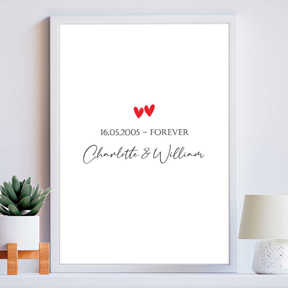 Personalised Names And Date Anniversary Romantic Gift Artwork Print in white frame within the home