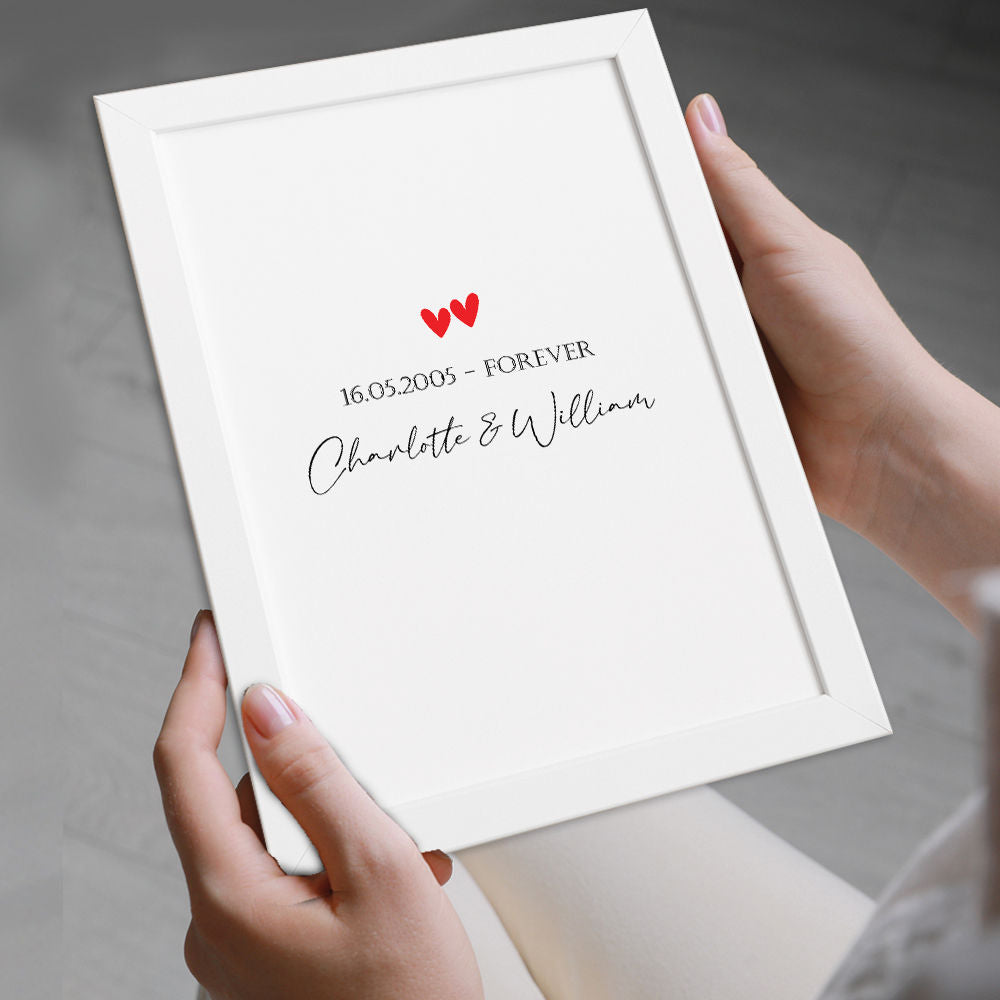 Personalised Names And Date Anniversary Romantic Gift Artwork Print in white frame being held