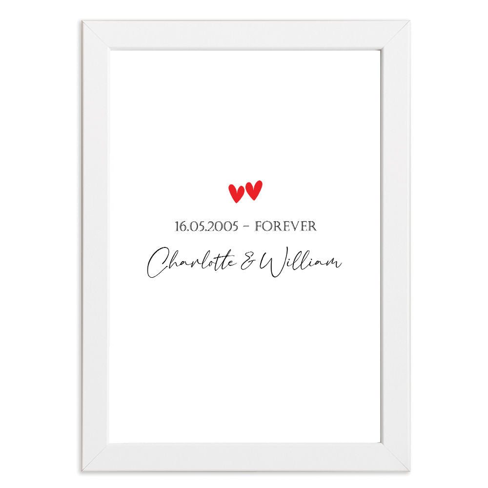 Personalised Names And Date Anniversary Romantic Gift Artwork Print in white frame with white background