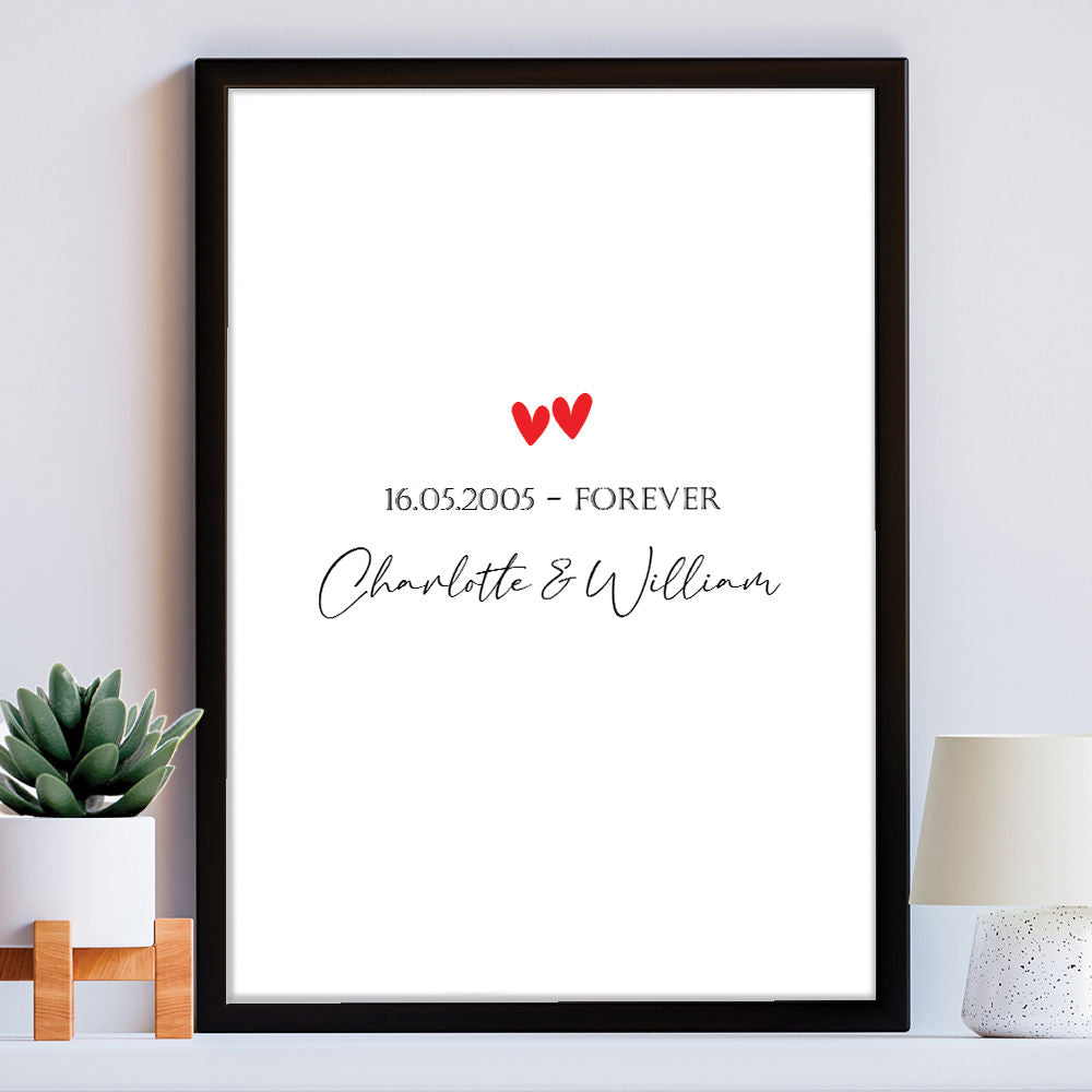 Personalised Names And Date Anniversary Romantic Gift Artwork Print in black frame within the home