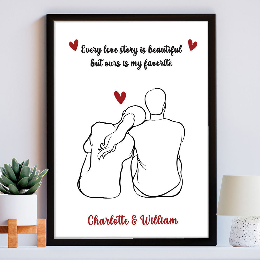 Personalised Love Story Print for Him and Her in black frame within the home