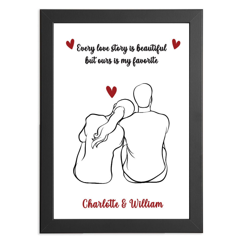 Personalised Love Story Print for Him and Her in black frame with white background