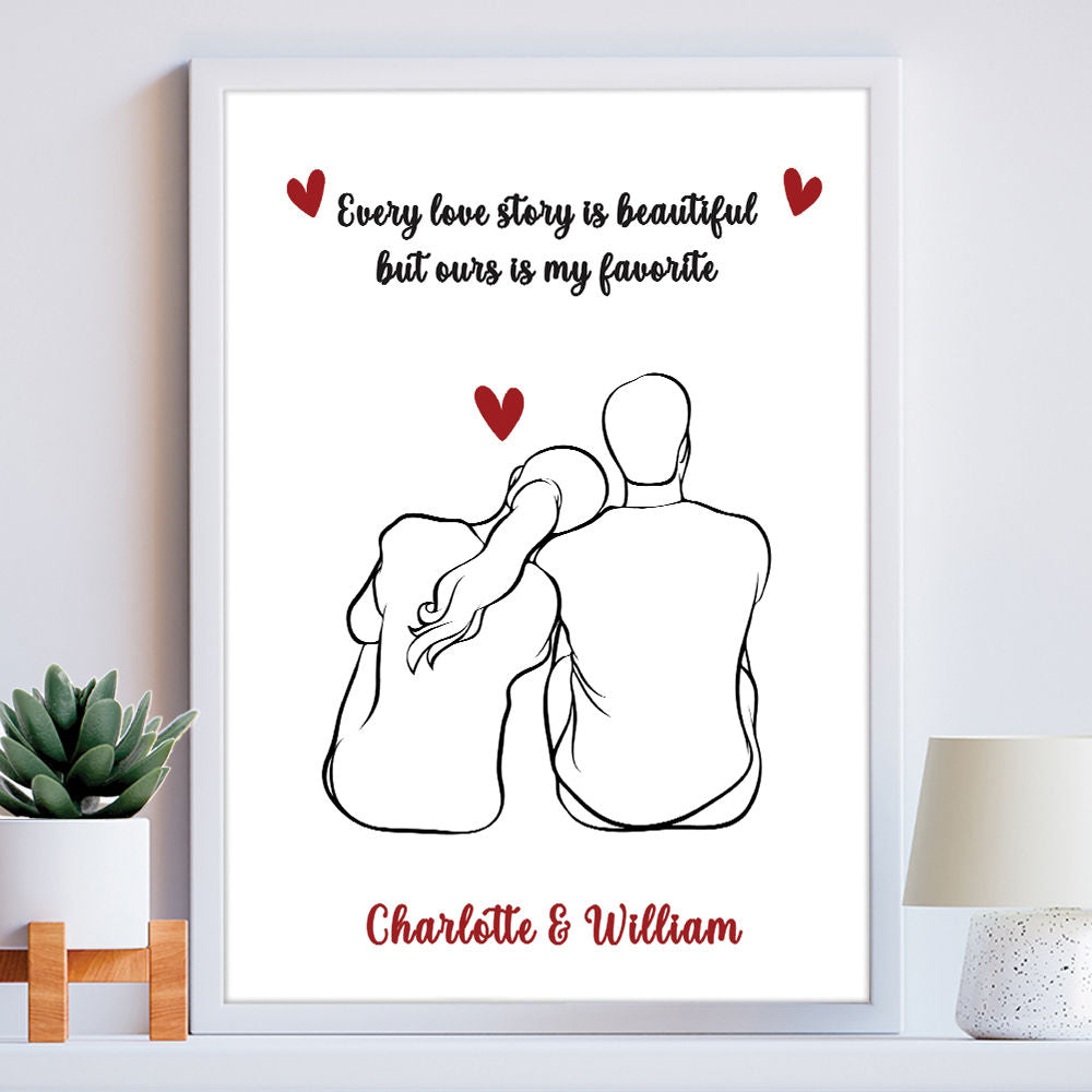 Personalised Love Story Print for Him and Her in white frame within the home