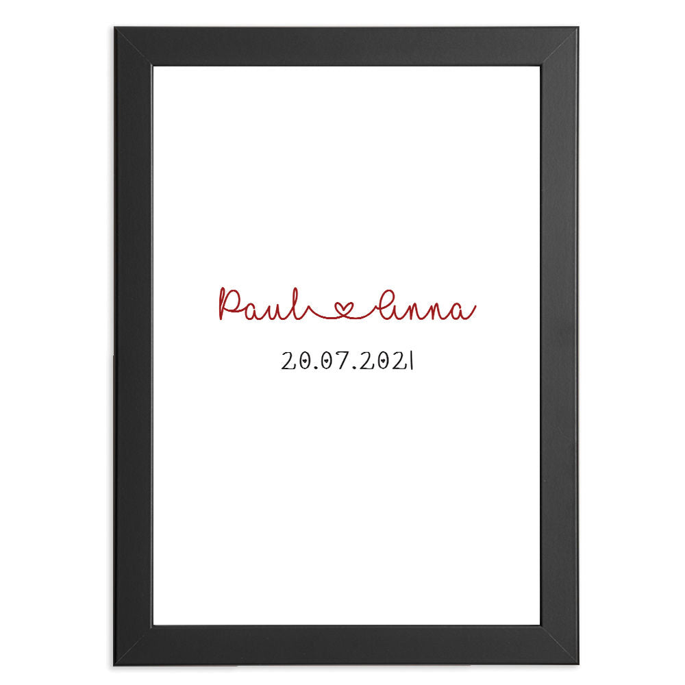 Personalised Date And Names Anniversary Gift Print in black frame with white background