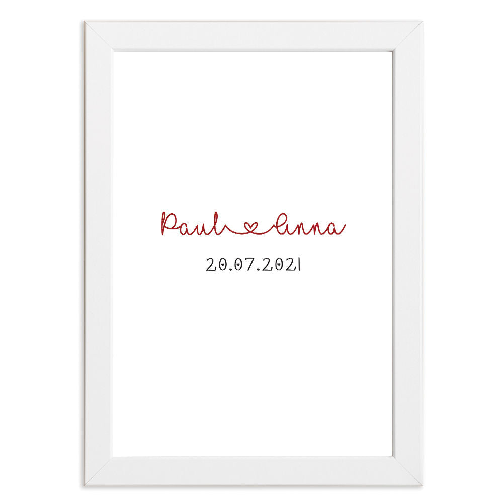 Personalised Date And Names Anniversary Gift Print in white frame with white background