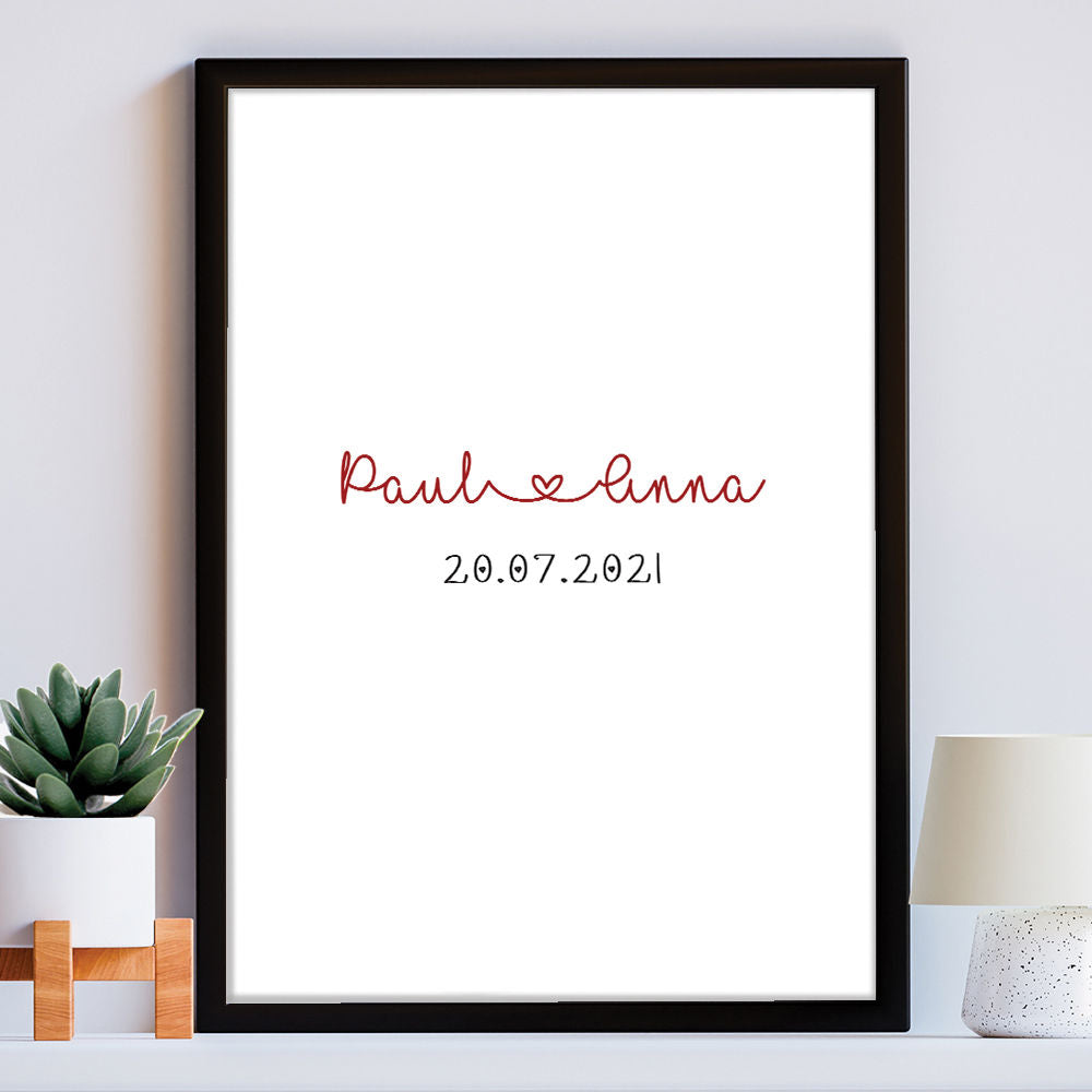 Personalised Date And Names Anniversary Gift Print in black frame within the home