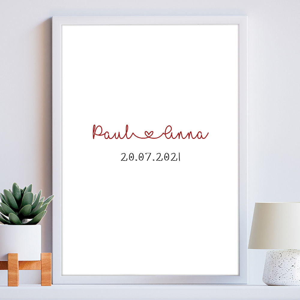 Personalised Date And Names Anniversary Gift Print in white frame within the home