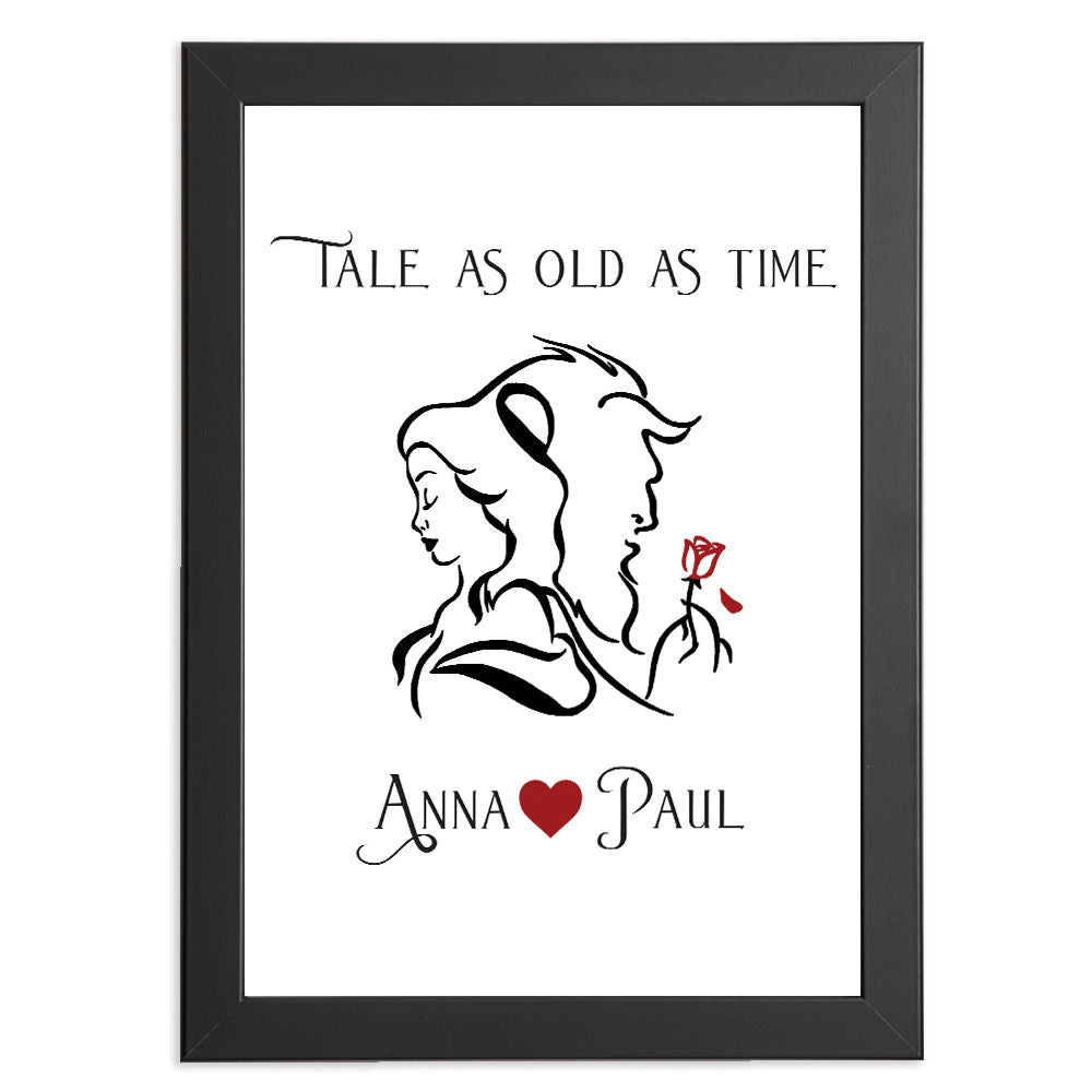 Personalised Beauty And The Beast Gift Print in black frame with white background