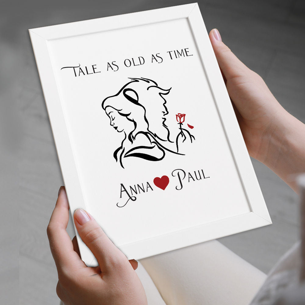 Personalised Beauty And The Beast Gift Print in white frame being held