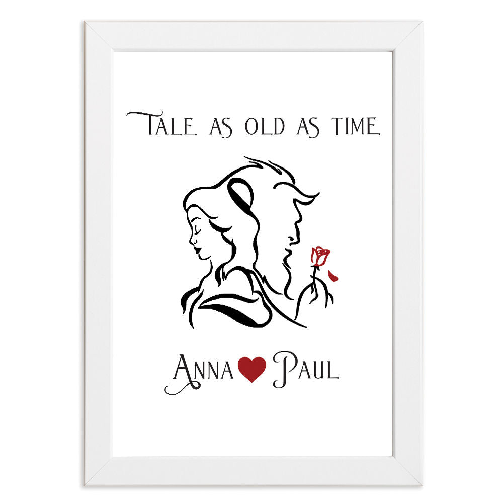 Personalised Beauty And The Beast Gift Print in white frame with white background