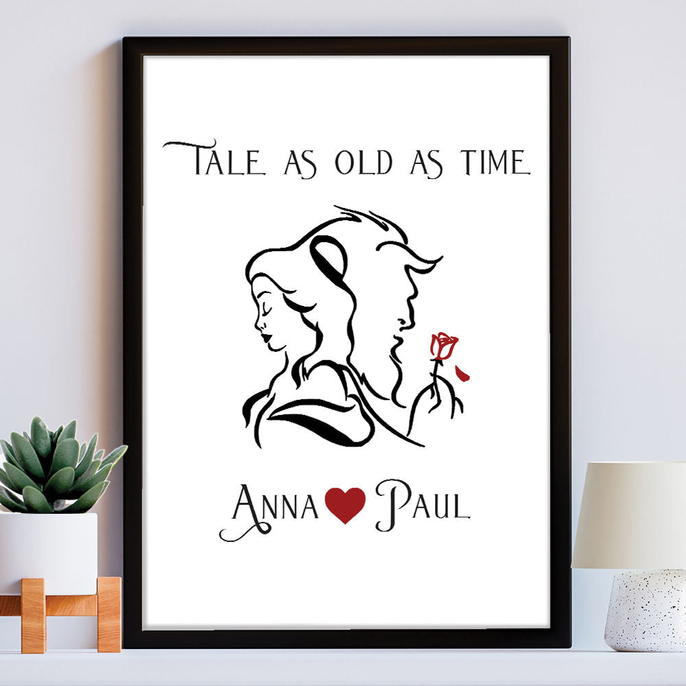 Personalised Beauty And The Beast Gift Print in black frame within the home