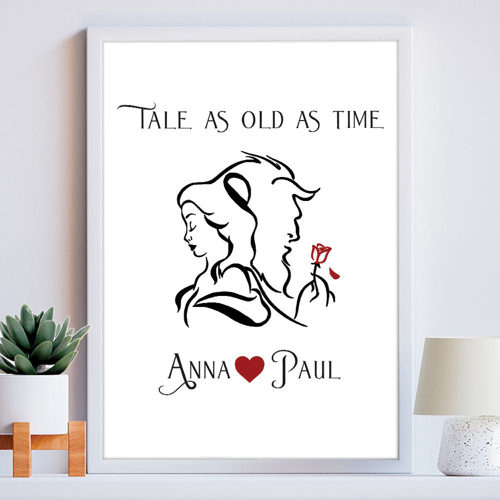 Personalised Beauty And The Beast Gift Print in white frame within the home