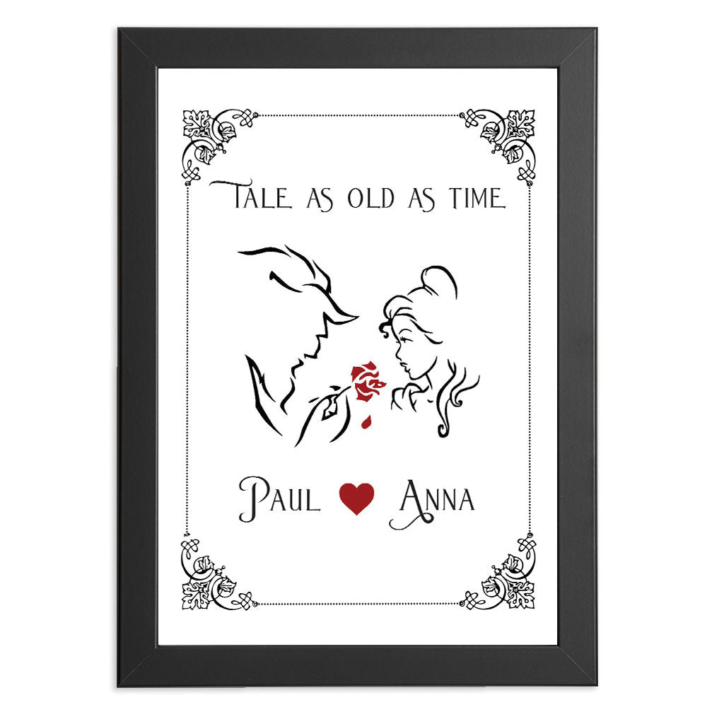 Personalised Beauty And The Beast Classical Print For Him And Her in black frame with white background