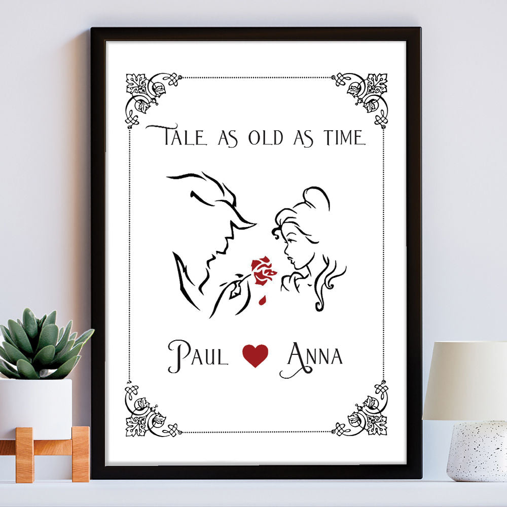 Personalised Beauty And The Beast Classical Print For Him And Her in black frame within the home