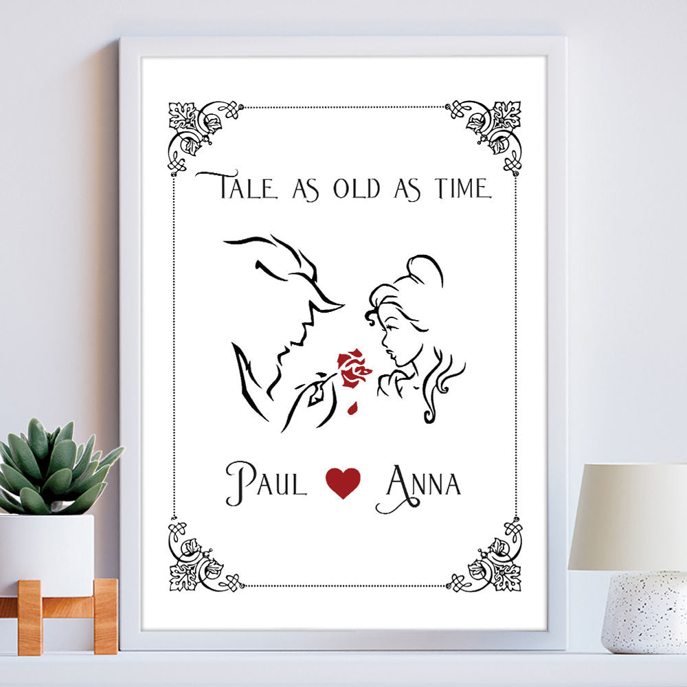 Personalised Beauty And The Beast Classical Print For Him And Her in white frame within the home