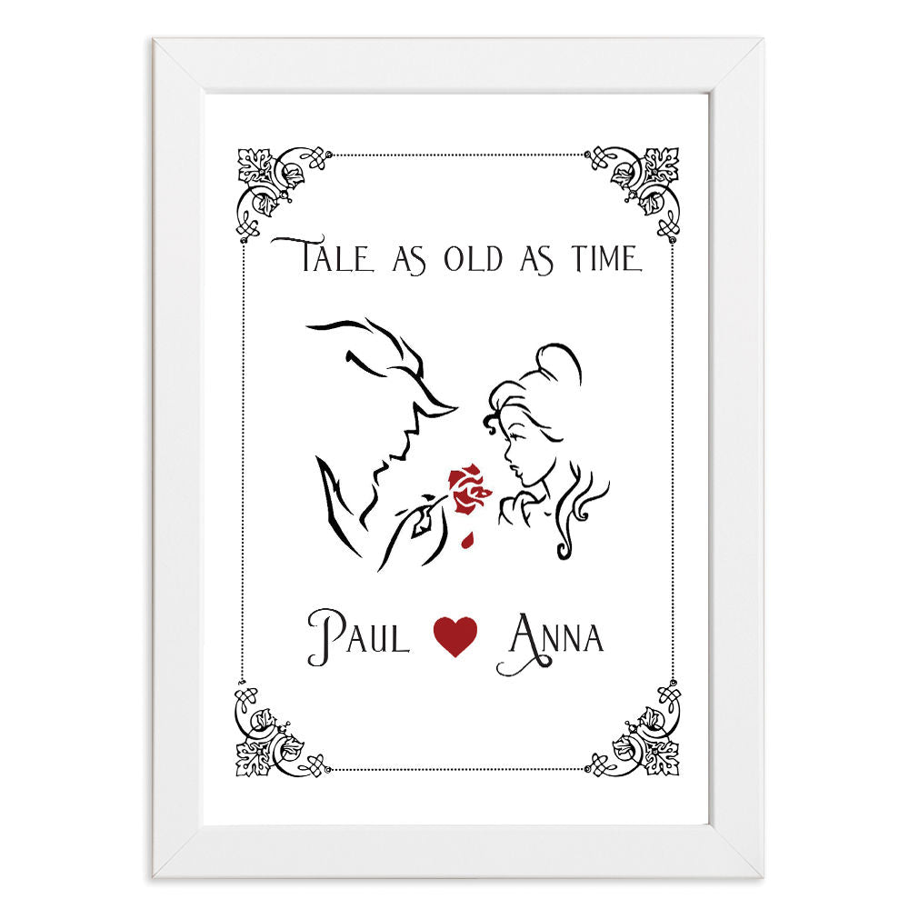 Personalised Beauty And The Beast Classical Print For Him And Her in white frame with white background