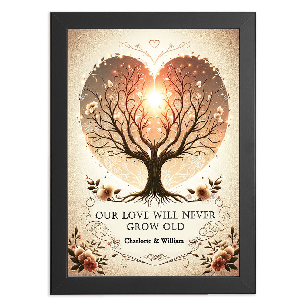 Personalised Our Love Will Never Grow Old Print For Him and Her in black frame with white background