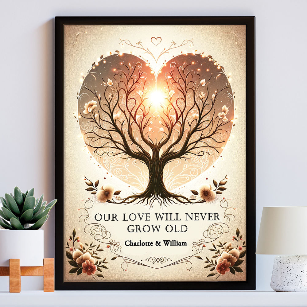 Personalised Our Love Will Never Grow Old Print For Him and Her in black frame within the home