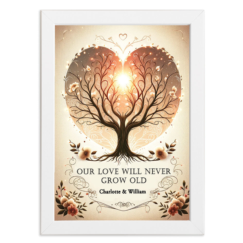 Personalised Our Love Will Never Grow Old Print For Him and Her in white frame with white background