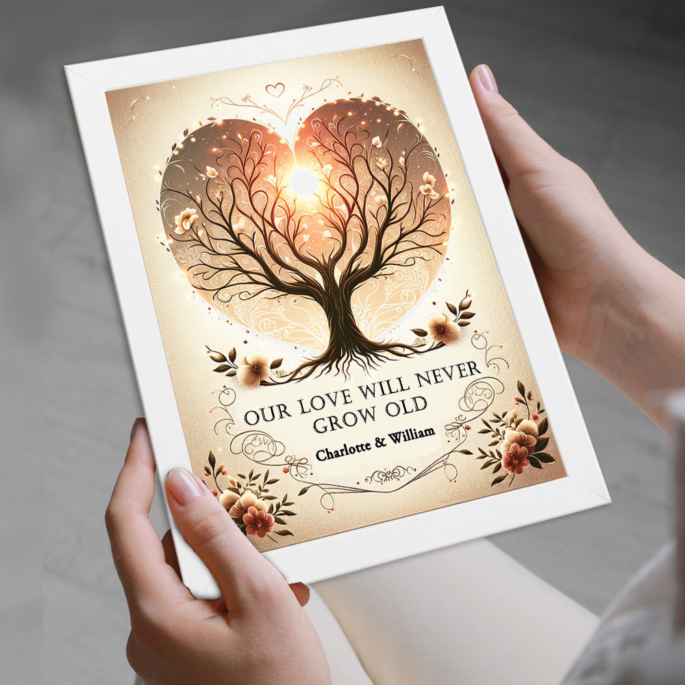 Personalised Our Love Will Never Grow Old Print For Him and Her in white frame being held