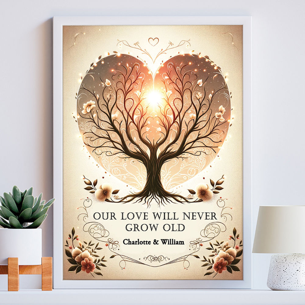 Personalised Our Love Will Never Grow Old Print For Him and Her in white frame within the home