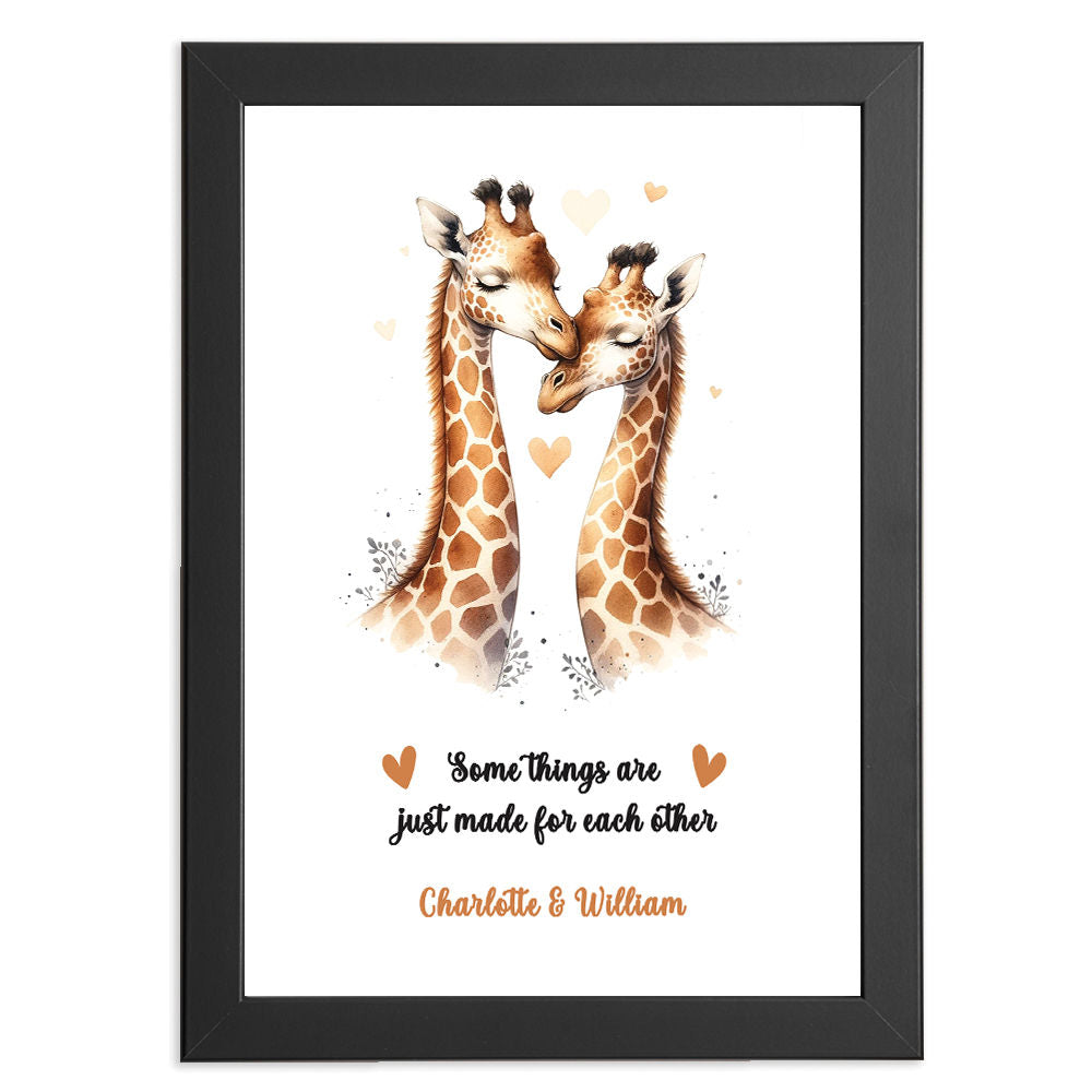 Personalised Giraffes In Love Print in black frame with white background