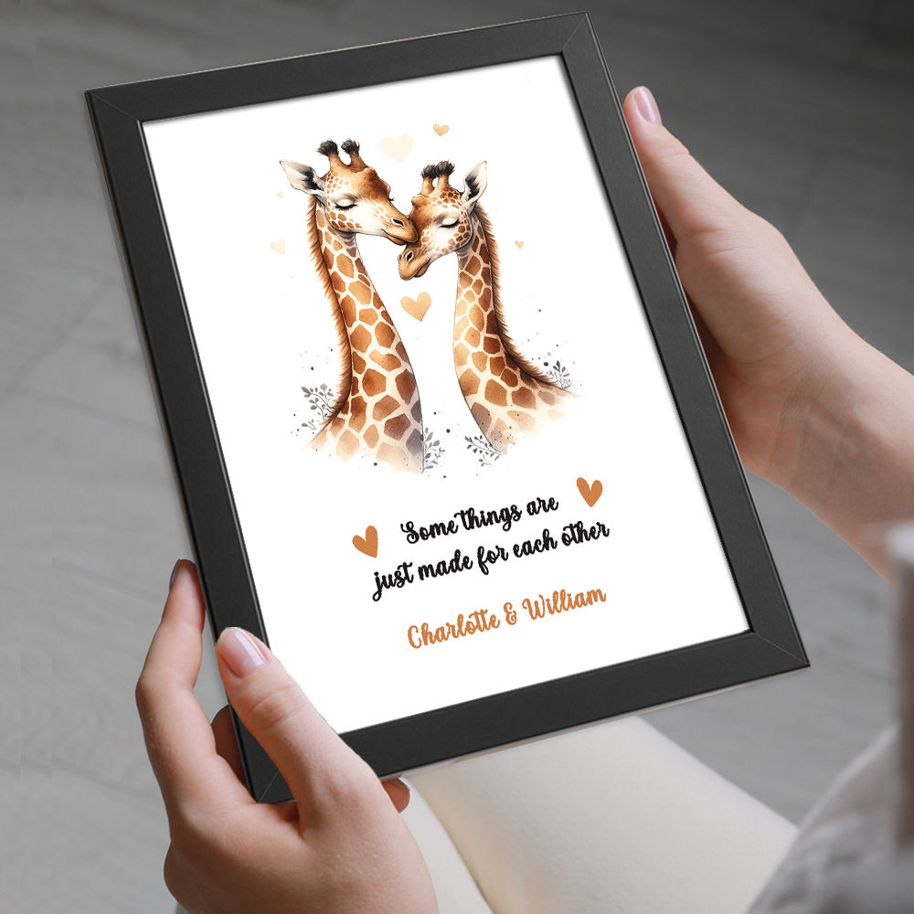 Personalised Giraffes In Love Print in black frame with white background