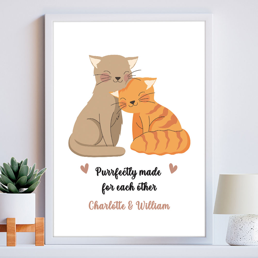 Personalised Cat Lovers Romantic Print Gift in white frame within the home