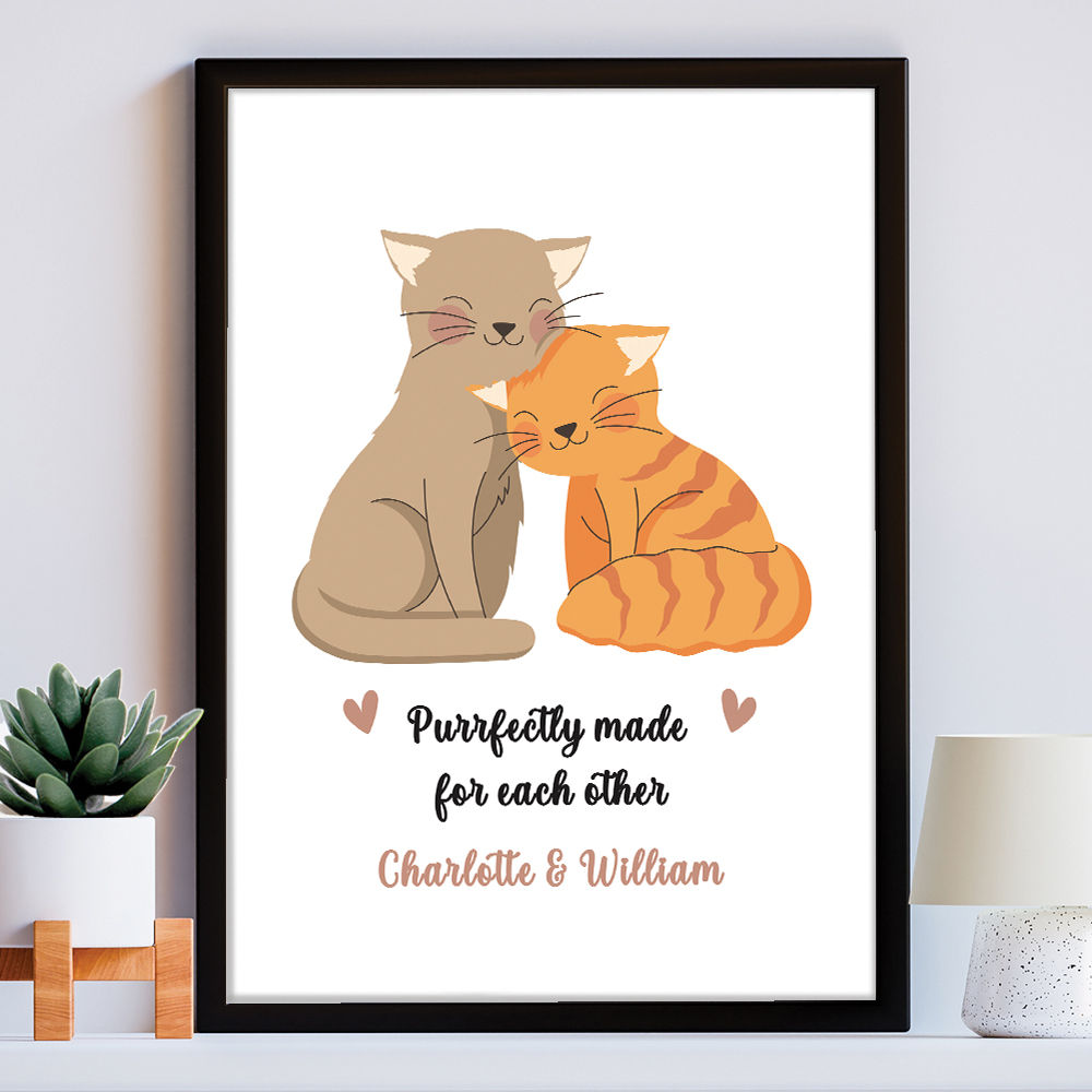 Personalised Cat Lovers Romantic Print Gift in black frame within the home