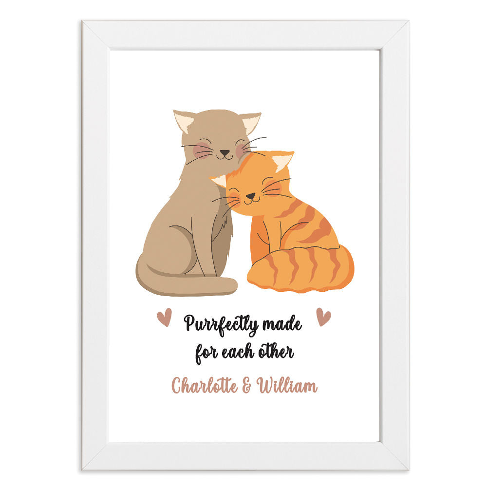 Personalised Cat Lovers Romantic Print Gift in white frame with white background