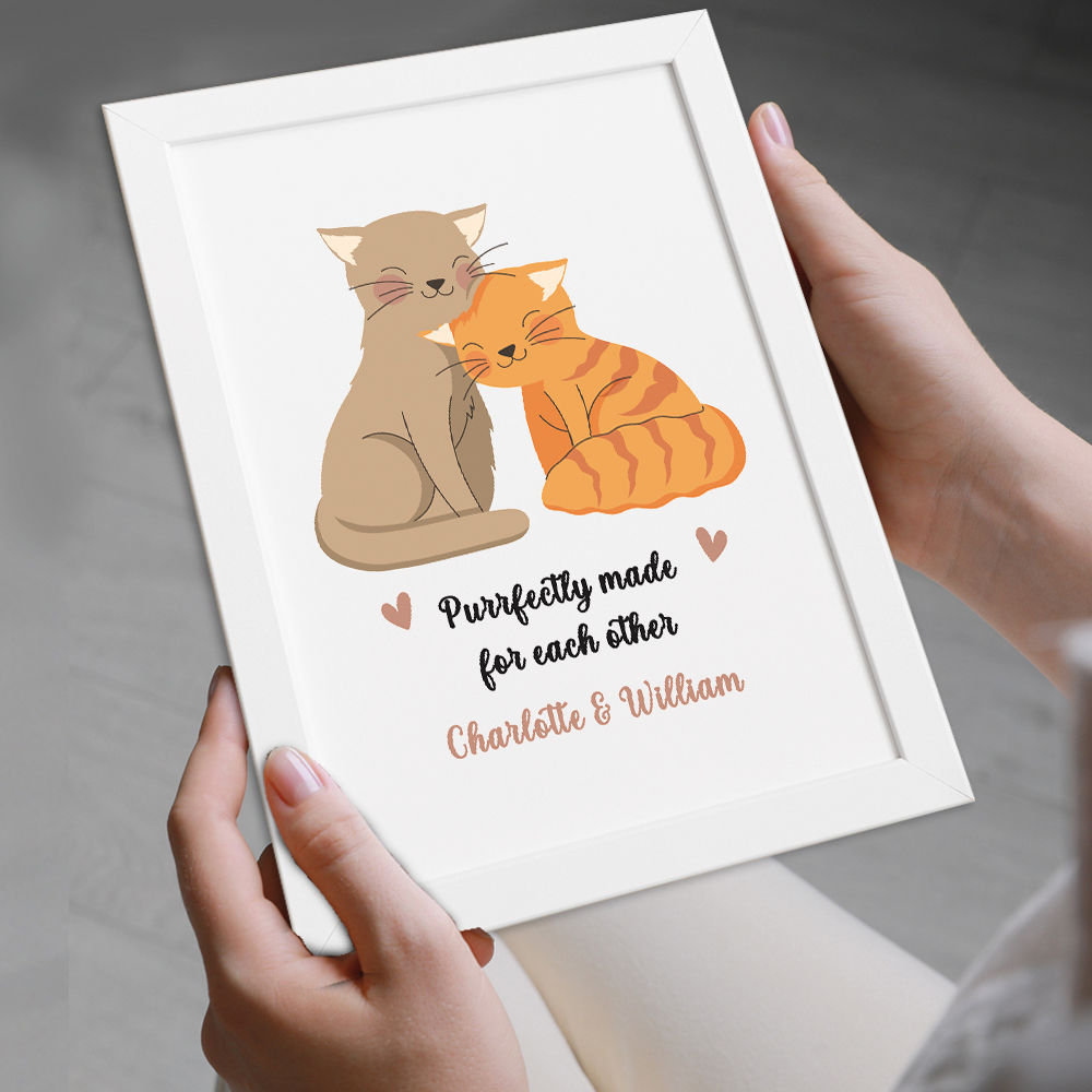 Personalised Cat Lovers Romantic Print Gift in white frame being held