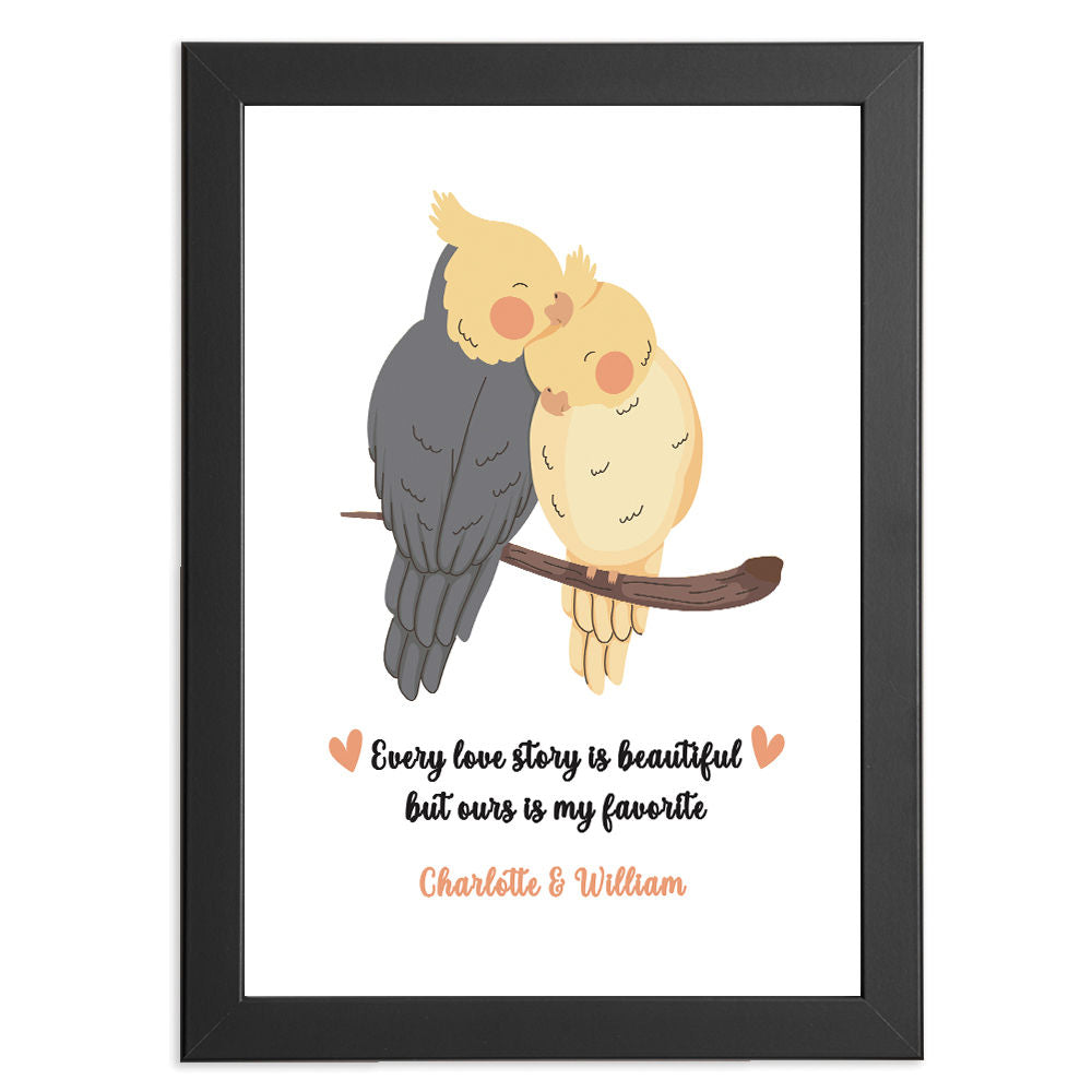 Personalised Bird Lovers Romantic Print Gift in black frame with white background