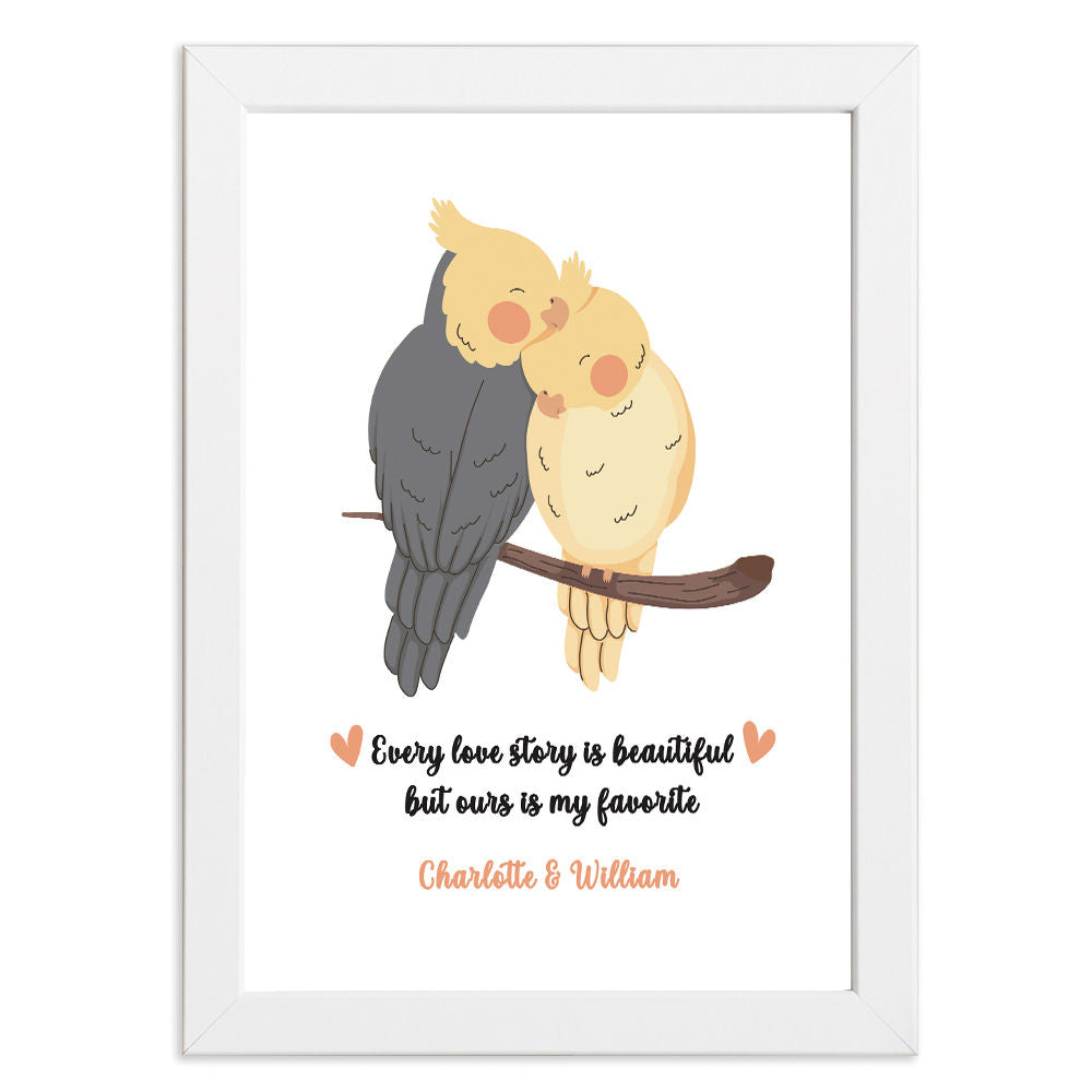 Personalised Bird Lovers Romantic Print Gift in white frame with white background