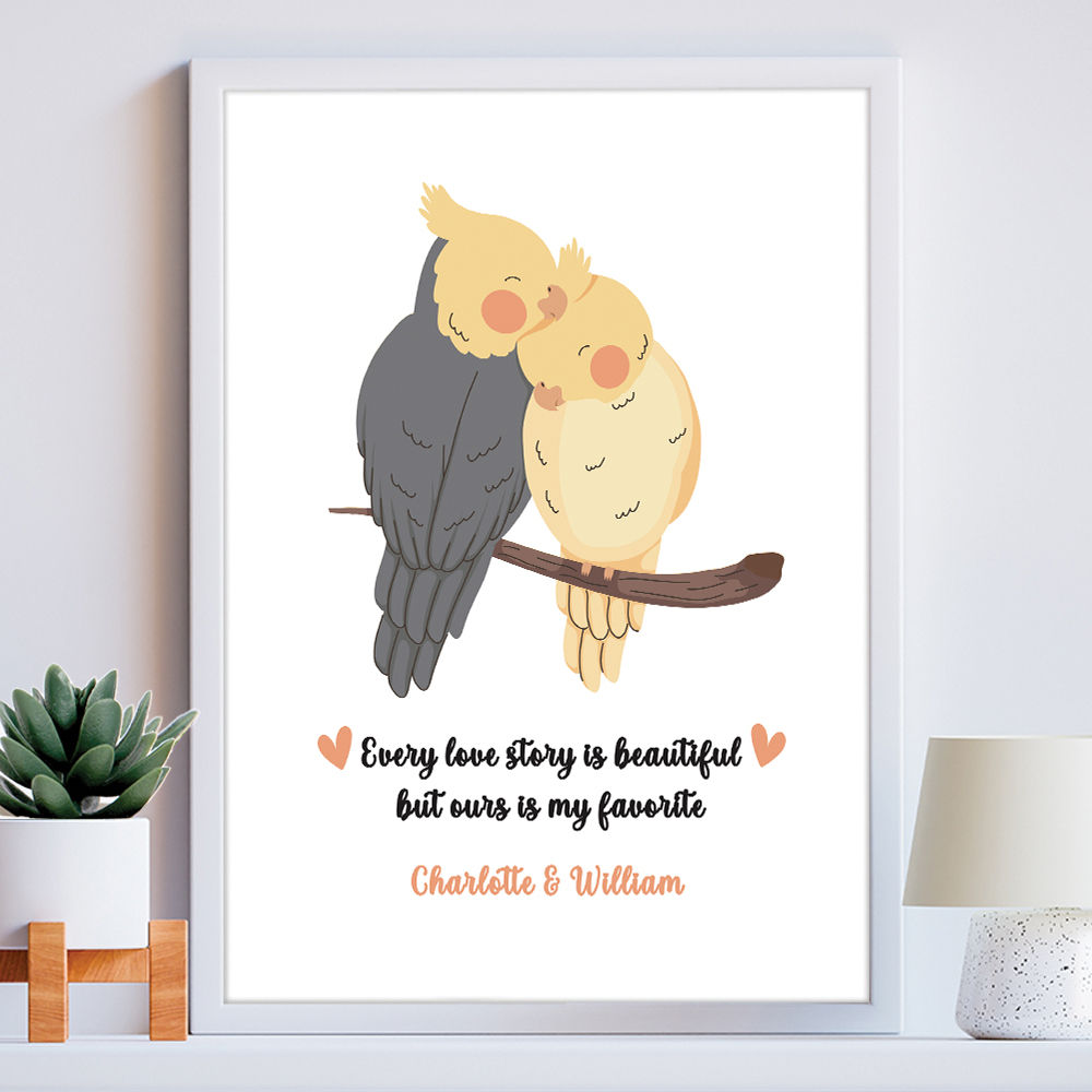 Personalised Bird Lovers Romantic Print Gift in white frame within the home