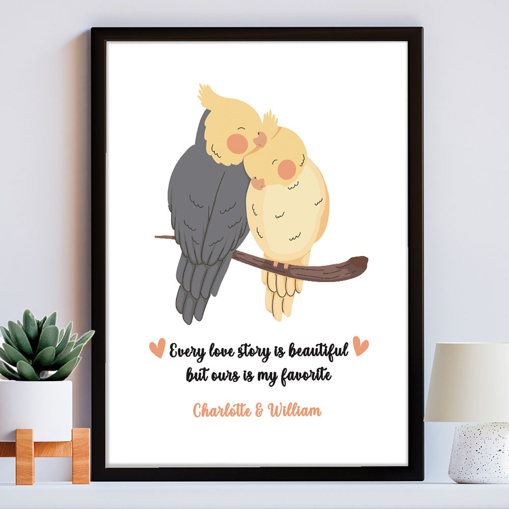 Personalised Bird Lovers Romantic Print Gift in black frame within the home