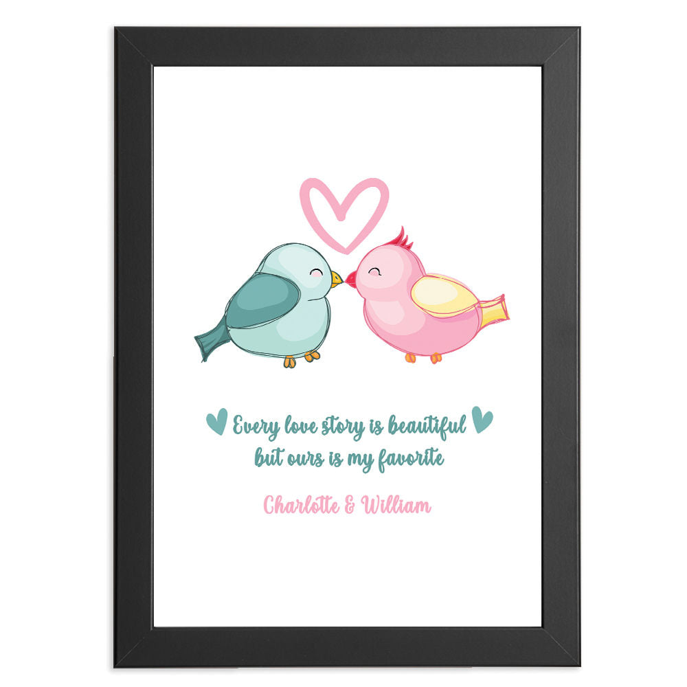 Personalised Bird Lovers Cute Romantic Print Gift in black frame with white background