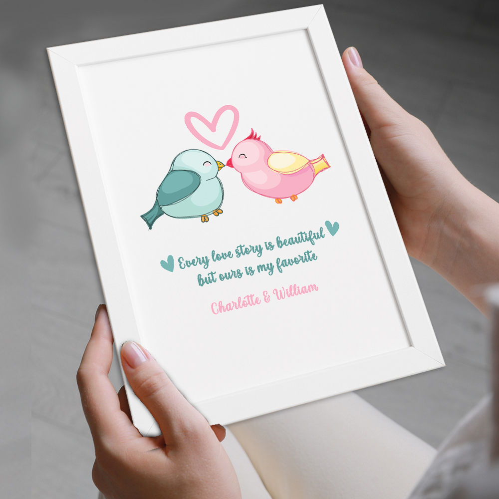 Personalised Bird Lovers Cute Romantic Print Gift in white frame being held