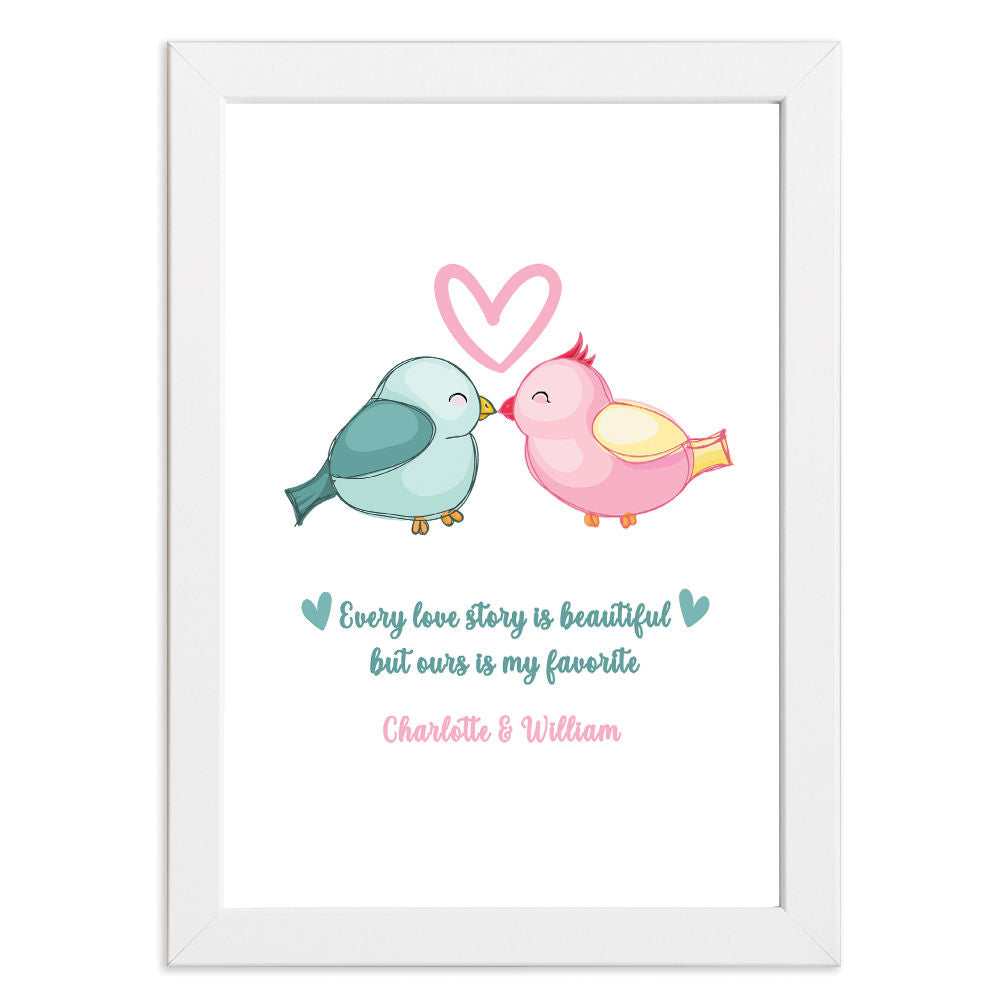 Personalised Bird Lovers Cute Romantic Print Gift in white frame with white background