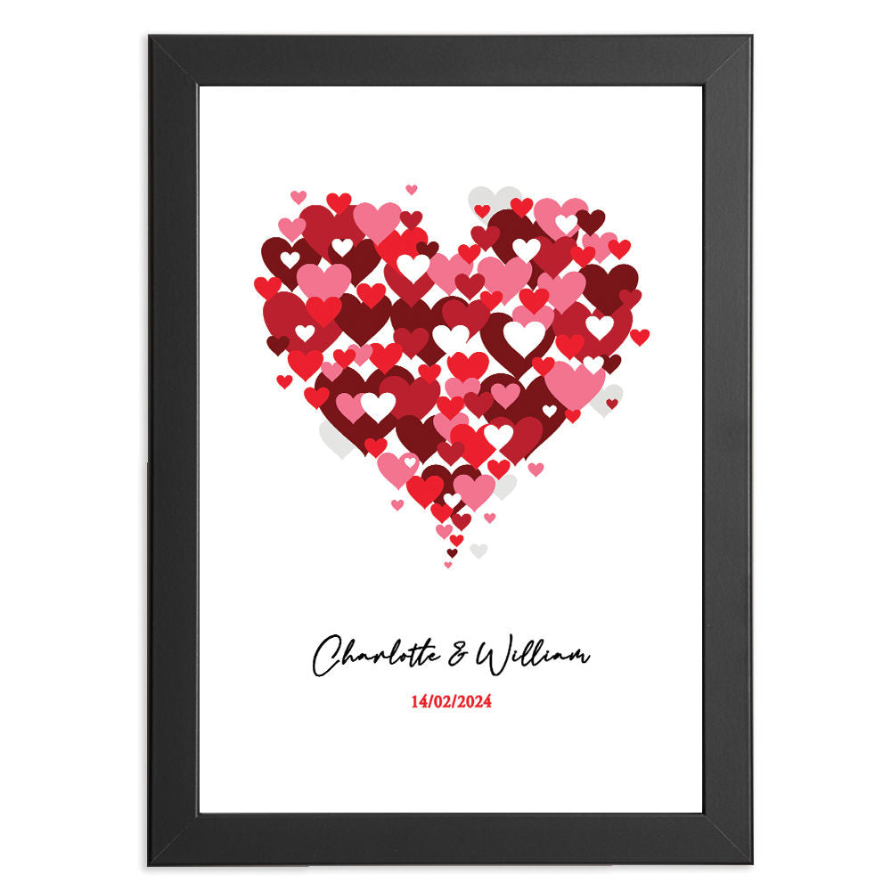 Personalised Love Heart With Names &amp; Date in black frame with white background