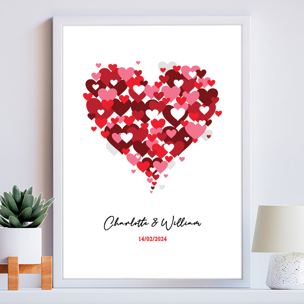 Personalised Love Heart With Names &amp; Date in white frame within the home