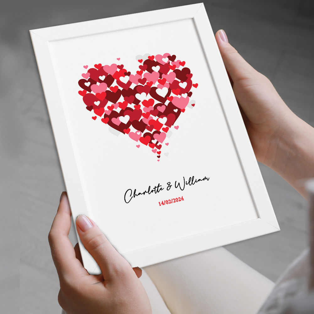 Personalised Love Heart With Names &amp; Date in white frame being held