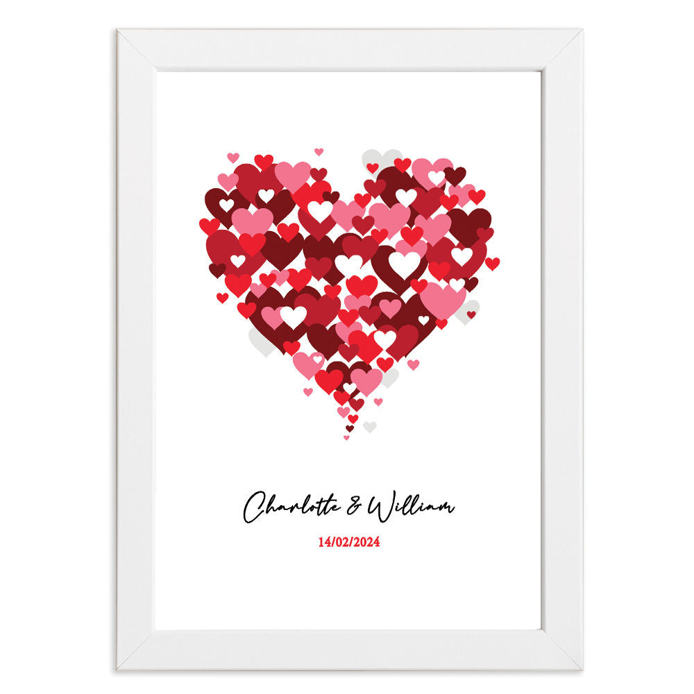 Personalised Love Heart With Names &amp; Date in white frame with white background