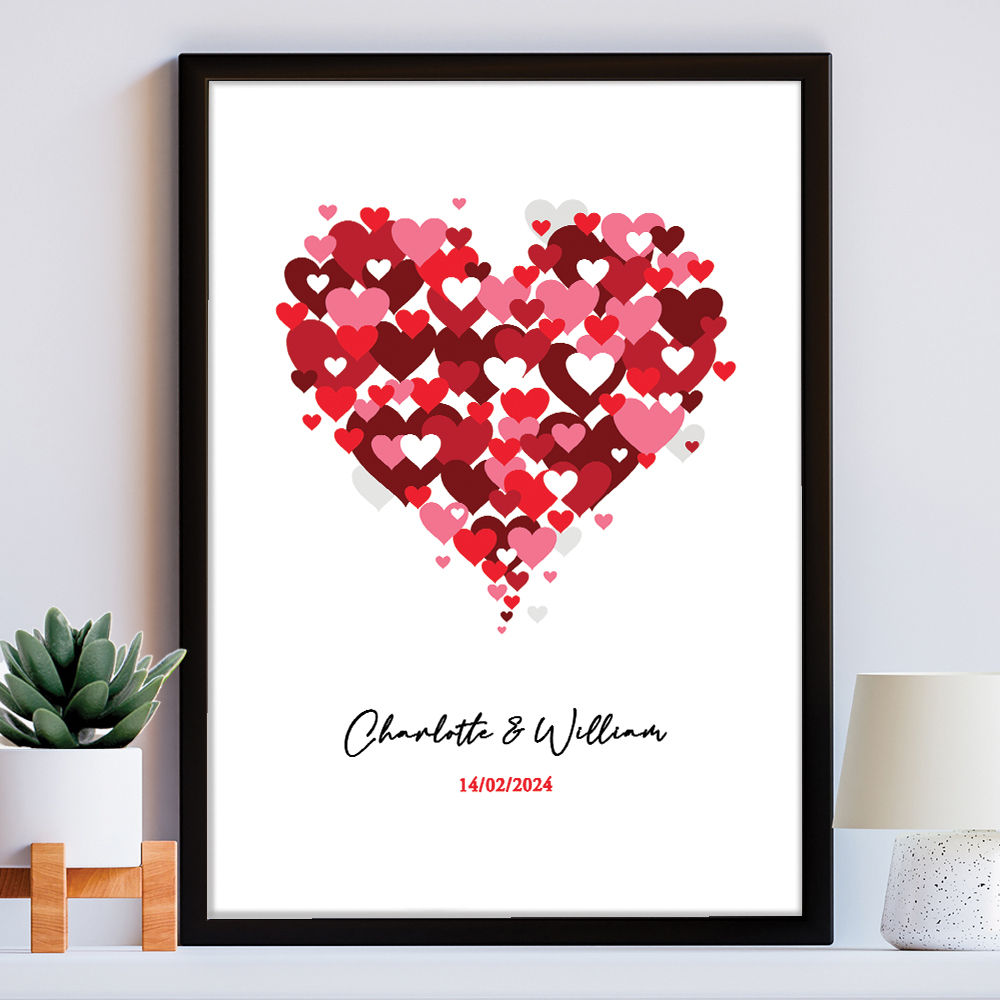 Personalised Love Heart With Names &amp; Date in black frame within the home