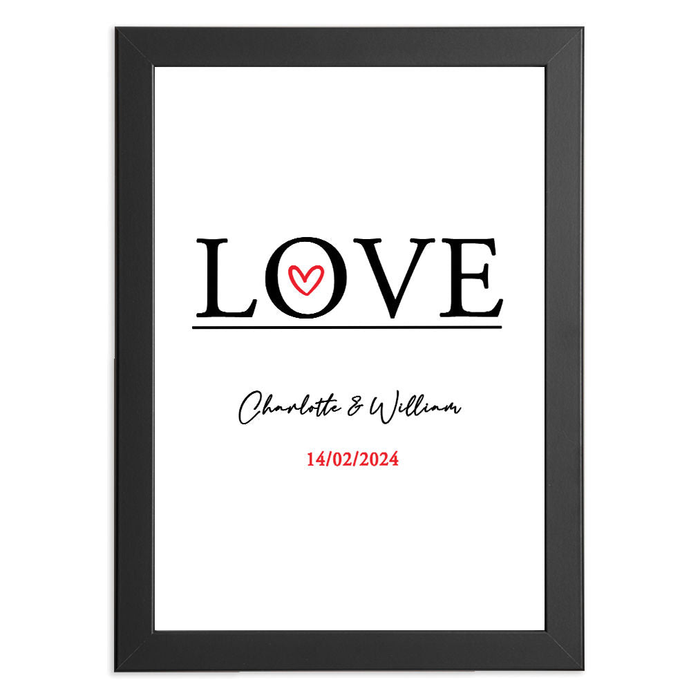 The Word Love Personalised With Names And Special Anniversary Date in black frame with white background