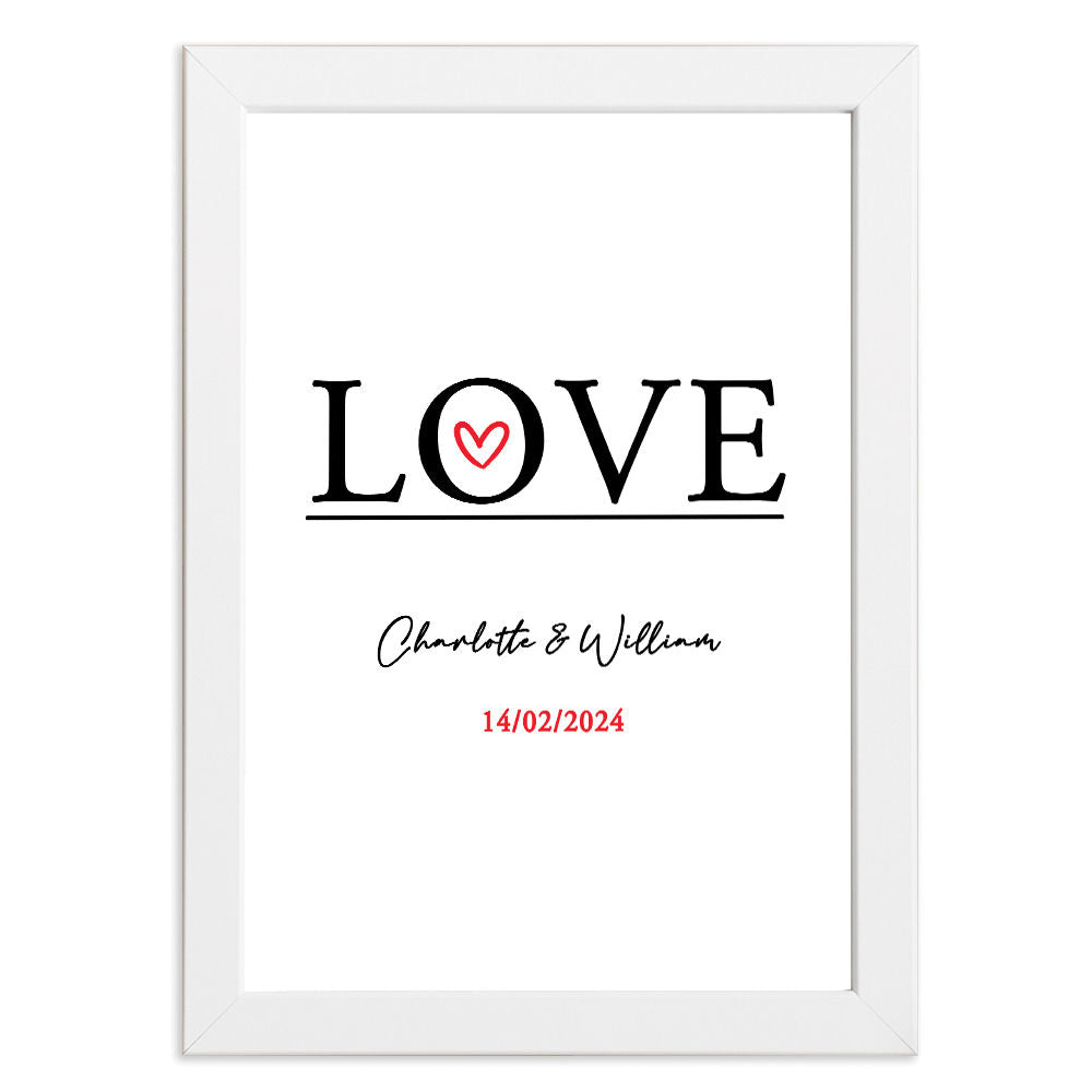 The Word Love Personalised With Names And Special Anniversary Date in white frame with white background