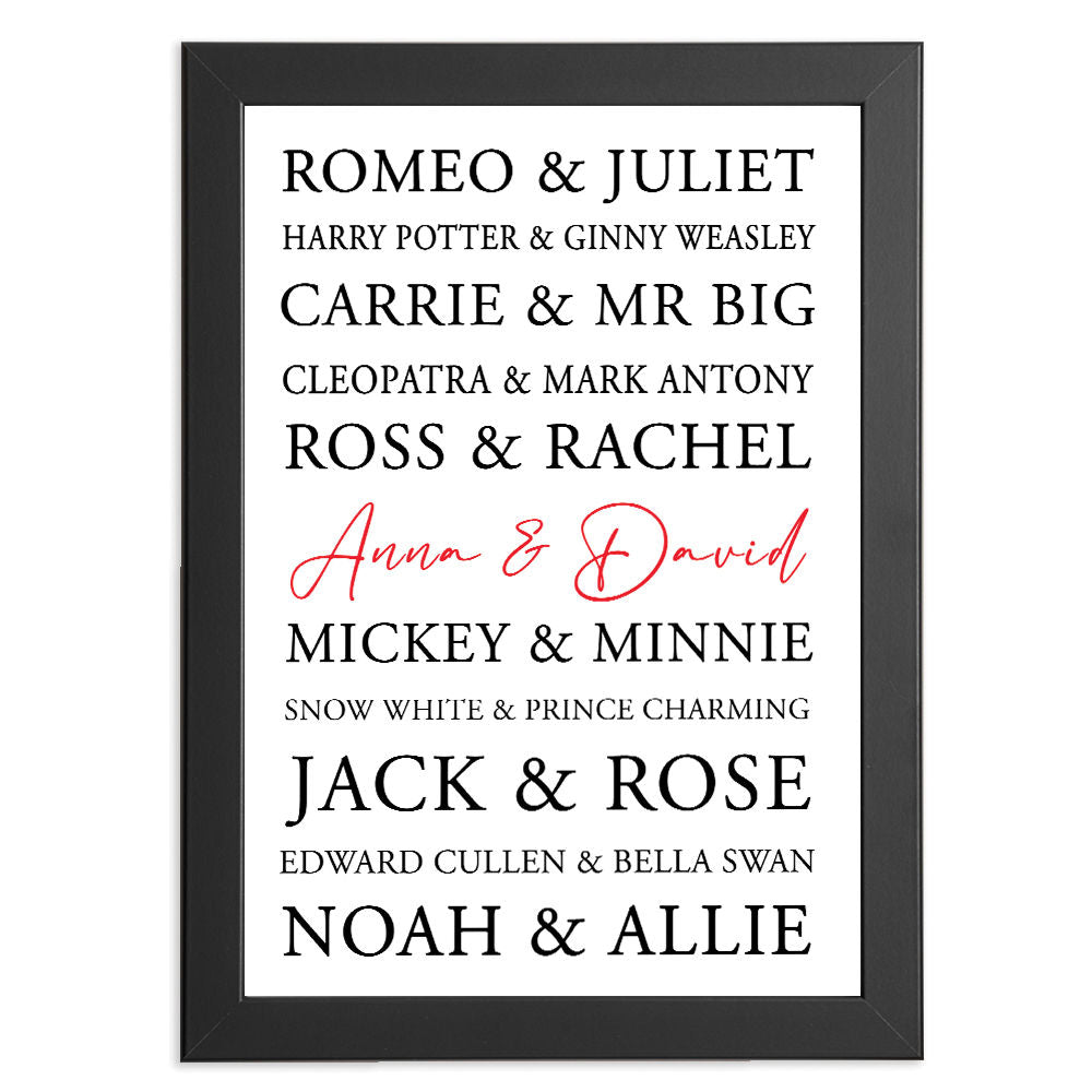 Personalised Great Love Stories With Your Names Added in black frame with white background